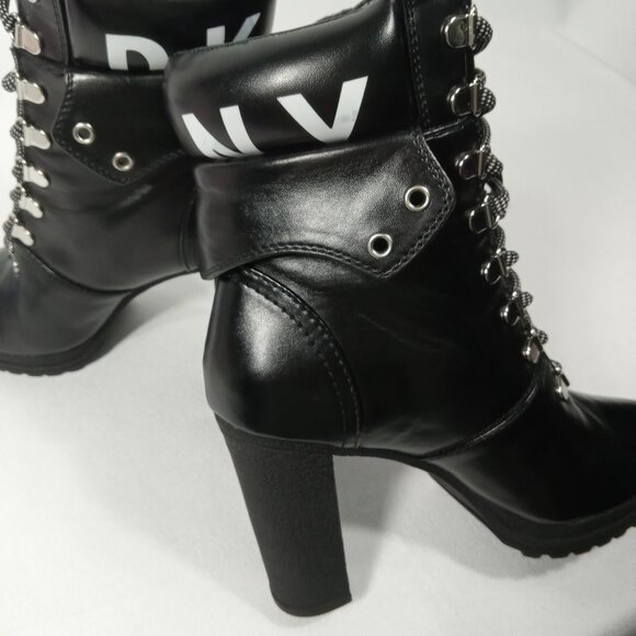 DKNY Black Moto Style Lace Up Logo High Heel Ankle Boots Womens Size 7.5 - Picture 10 of 14